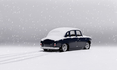 Fototapeta na wymiar Car in snow. Abstract model, available for commercial use, stylized, toy looking, retro style. 3d render.