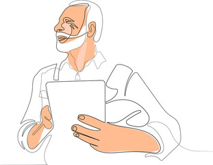Continuous line drawing of a experienced engineer and construction manager at work a older man with wears a work suit. Vector illustration