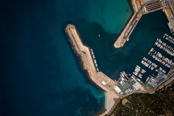 Aerial shot moored vessels in marina of Calpe. Spain