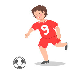 Illustration of child with ball. Happy, laughing boy playing soccer isolated on white background