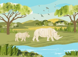 Rolgordijnen Afrika. Savannelandschap met neushoorns. Reservaten en nationale parken buiten. Hand tekenen vector illustratie met dieren, vogels, gras, struiken en lake © GaliChe