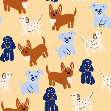 Childish vector seamless pattern with doodle dogs for wrapping paper, wallpaper, print for fabric