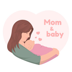 Mother hugging baby daughter. Heart background