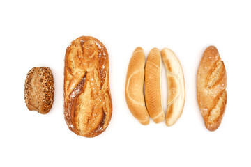 Various baked bread rolls, cereal bun and ciabatta isolated on white background. Top view. Flat lay.