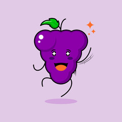 cute grape character with smile and happy expression, jump, one hand up, mouth open and sparkling eyes. green and purple. suitable for emoticon, logo, mascot and icon