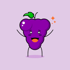 cute grape character with smile and happy expression, two hands up, mouth open and sparkling eyes. green and purple. suitable for emoticon, logo, mascot and icon