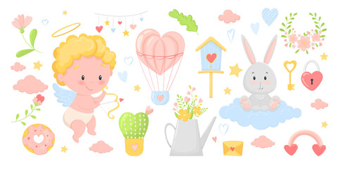 Valentine's Day cute vector illustrations, floral wreath, balloon and angel, set for typography. Bunny on a cloud, flowers, pink clouds, heart, donut,padlock, pink rainbow. Vector on white background