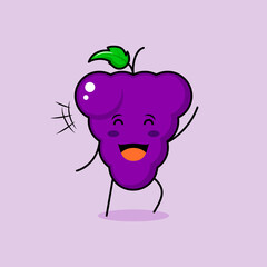 cute grape character with smile and happy expression, close eyes and one hand up. green and purple. suitable for emoticon, logo, mascot and icon