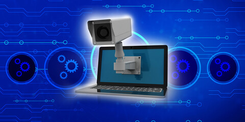 3d rendering Surveillance CCTV Security Camera connected laptop