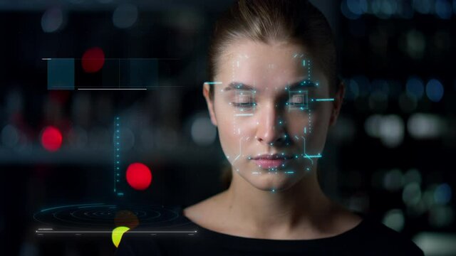 Close up attractiveness analysis face scan process researching woman biometrics