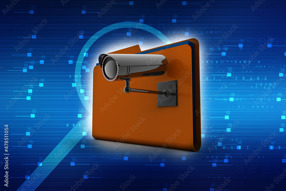 Poster 3d rendering surveillance cctv security camera with folder
