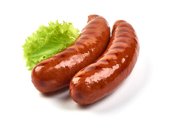 Grilled pork sausages, isolated on white background.