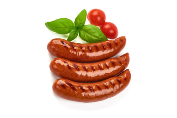 Roasted pork sausages bbq, close-up, isolated on white background.