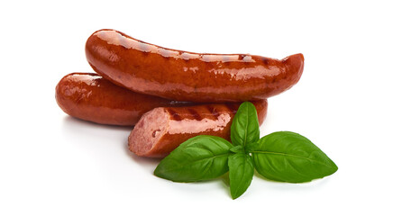 German traditional grilled sausages, close-up, isolated on white background.
