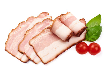 Pork brisket slices, smoked meat, isolated on white background.