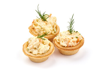 Tartlets with filling, isolated on white background.