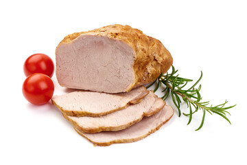 Baked pork roast, spicy glazed meat, isolated on white background.