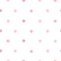 Watercolor seamless cute pattern pink polka dots. Isolated on white background. Hand drawn clipart. Perfect for card, fabric, tags, invitation, printing, wrapping. - obrazy, fototapety, plakaty