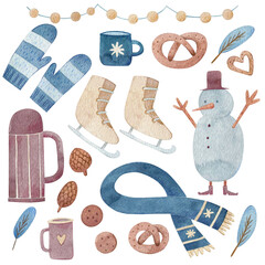 Watercolor cute winter Christmas items: Mittens, thermos, cookies. snowman, scarf, snowflakes, cones, garland, skates. Clipart for stickers, cards, your design 