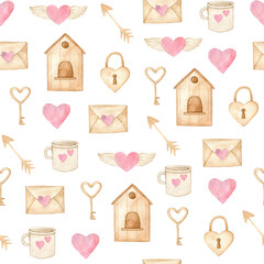 Watercolor seamless pattern with heart, key, bird house, cup, envelope. Isolated on white background. Hand drawn clipart. Perfect for card, fabric, tags, invitation, printing, wrapping.