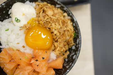 Premium fresh salmon raw, and egg on rice (Salmon Don).