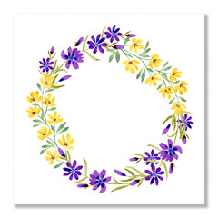 Flower wreath. Watercolor wreath with flowers chicory and wild yellow flowers. Beautiful invitation, greeting card isolated on white. Mothers and valentines day card. Blank template.