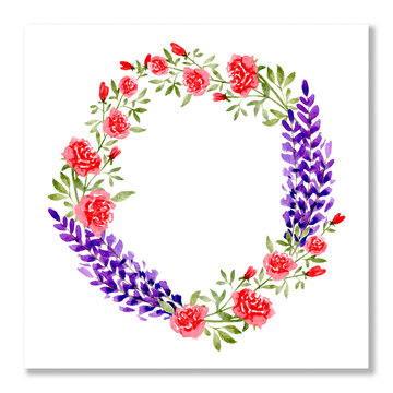 Flower wreath. Watercolor wreath with flowers of roses, lavender flowers. Beautiful invitation, greeting card isolated on white. Mothers and valentines day card. Blank template.