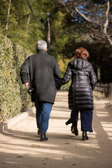 冬の公園の道で散歩しているシニア夫婦の姿
