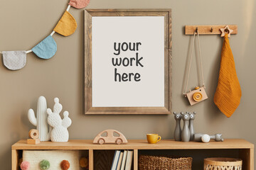 Stylish scandinavian newborn baby room with brown wooden mock up poster frame, toys, plush animal...