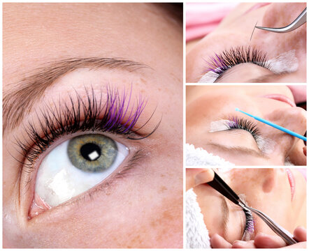 Lash making process, extreme long lashes and tweezers, eyelash extension. Collage