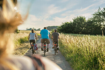 Fototapeta premium Blick über die Schulter einer Fahrradfahrerin auf einen Landweg und weitere Fahrradfahrer