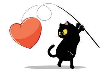 Black cat and fishing rod with heart