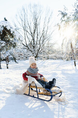 Fototapeta na wymiar Toddler boy sitting on the sleigh in a snowy city park during sunny winter day