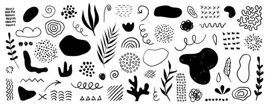 Organic shapes, spots, plants, lines, dots. Vector set of minimal trendy abstract hand drawn elements for graphic design