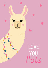Greeting card with cute llama head. Funny alpaca with text Love You Llots. Template for nursery design, poster, birthday card, invitation, Valentine day card,baby shower and party decor © Yaryna
