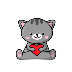 Gray kitten sitting with a heart in its paws. Vector illustration