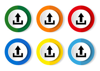 Upload icon set, colorful flat design vector illustrations in 6 options for web design and mobile applications