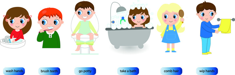 Hygiene procedures drawings of children. Daily routines: wash your hands, brush your teeth, go to the potty, take a bath or shower, comb your hair, wipe your hands with a towel