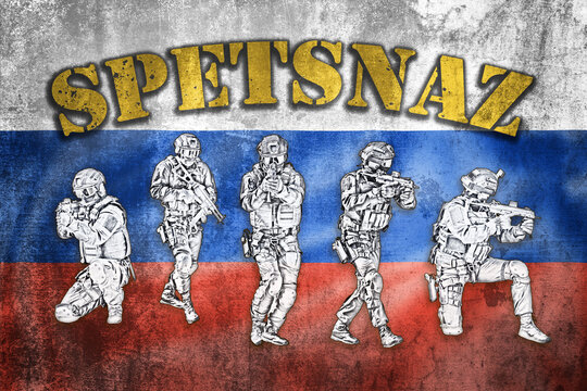 Special forces tactical team in action illustration with Spetsnaz label on grunge Russian Federation flag, unmarked and unrecognizable SWAT team