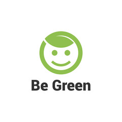 Modern and Minimalist Be Green logo design, Leaf with Cheerful Happy Smile Smiley Joyful Expression Emoji Emoticon logo design
