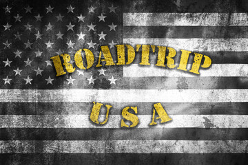 Roatrip USA road banner illustration on grunge black and white US flag