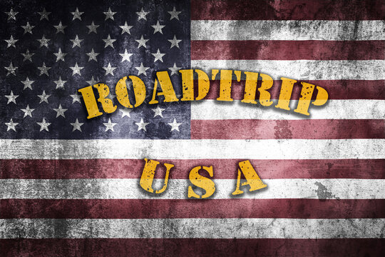 Roatrip USA road banner illustration on grunge US flag