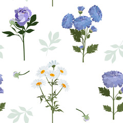 Floral seamless pattern. Blue peony, chrysanthemum and chamomile on a white background.
