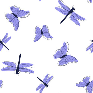 Seamless pattern of blue butterflies and dragonflies on white background.
