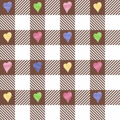 Plaid pattern, seamless chocolate colorful background with hearts for tablecloth, towel, oilcloth, other modern fabric print