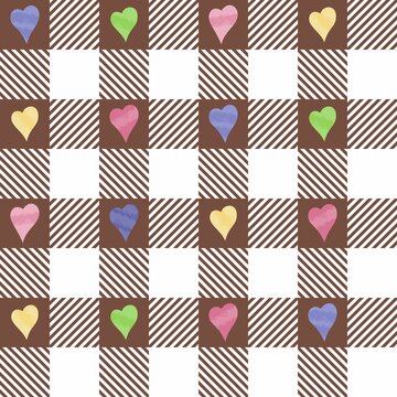 Plaid Pattern, Seamless Chocolate Colorful Background With Hearts For Tablecloth, Towel, Oilcloth, Other Modern Fabric Print