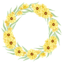 Watercolor frame with yellow flowers isolated on white background.