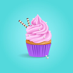 Party cupcake, delicious creamy muffin. 3d realistic vector sweet dessert.