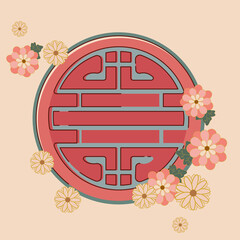 Chinese traditional window in flowers. Hand-drawing of a Chinese window with traditional elements on the background. Vector. Illustration for a card, poster, banner, label, print.