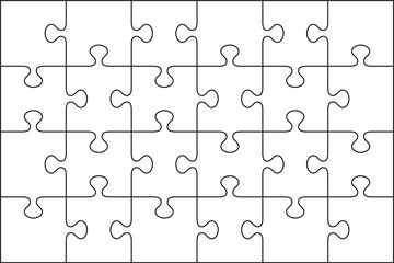 Puzzle pieces. Jigsaw outline grid. Simple background with separate shapes. Thinking mosaic game. Laser cut template with 4x6 details. Vector illustration.